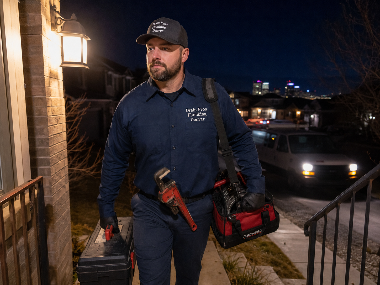 A Drain Pros Plumbing Denver technician in uniform arriving at a Denver home at night with tools, ready for an emergency plumbing call.