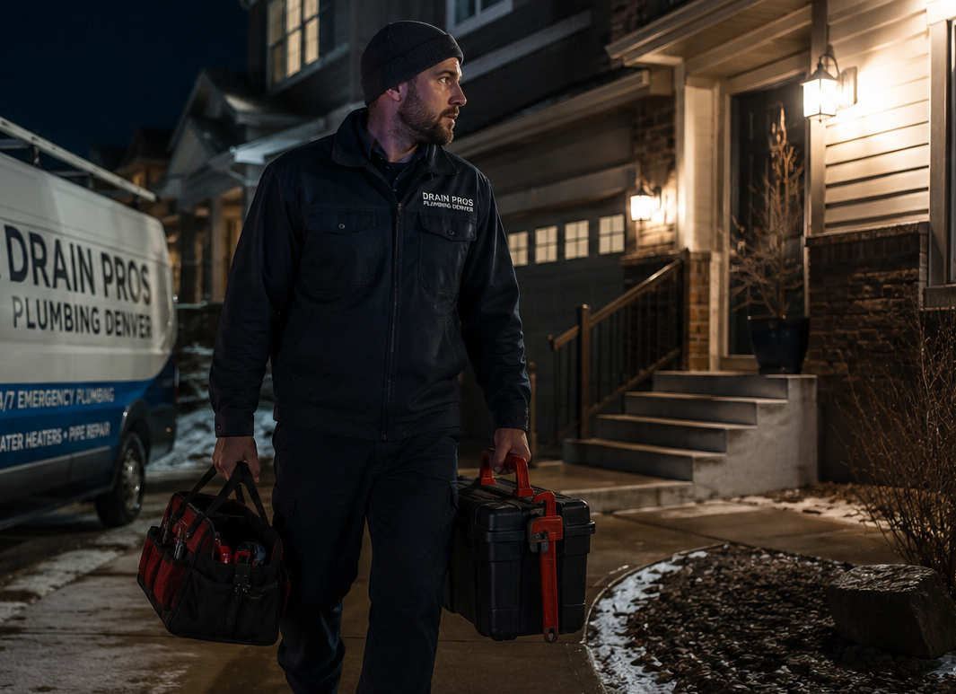 A Drain Pros Plumbing Denver technician in uniform arriving at a Denver home at night with a service van and tools, ready for an emergency call