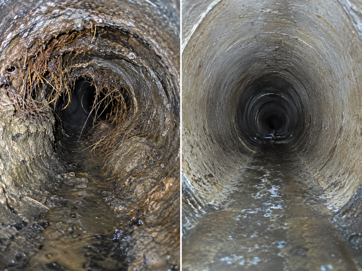 Before-and-after view inside a pipe showing heavy grease and root buildup on one side and a clean, clear pipe wall on the other