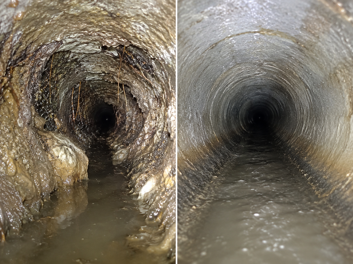 Side-by-side comparison of a pipe interior before and after hydro jetting, showing grease and root buildup cleared away to reveal clean pipe walls