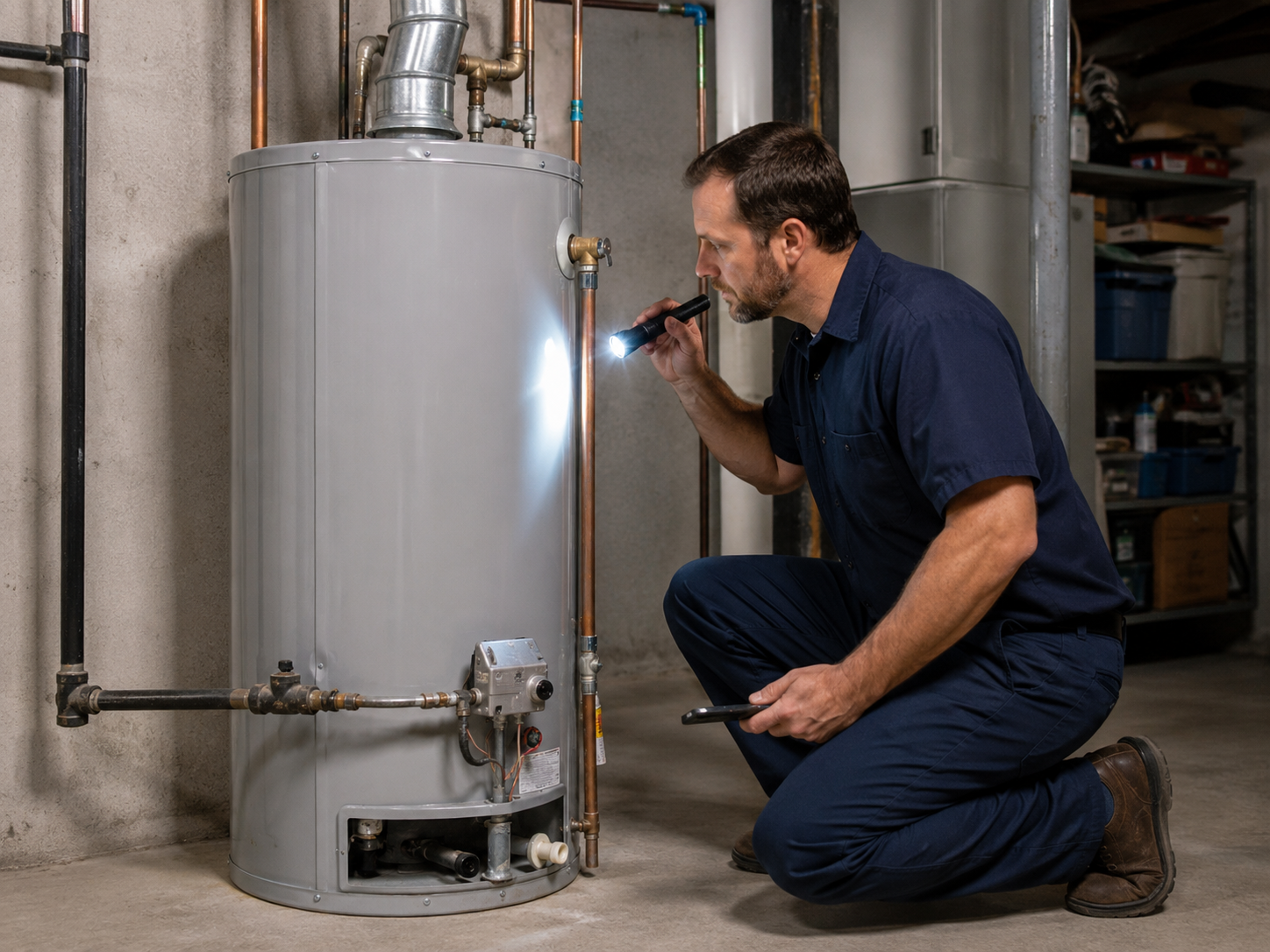 Tankless vs Traditional Water Heaters: image showing a plumber inspecting a traditional water heater tank in a Denver basement