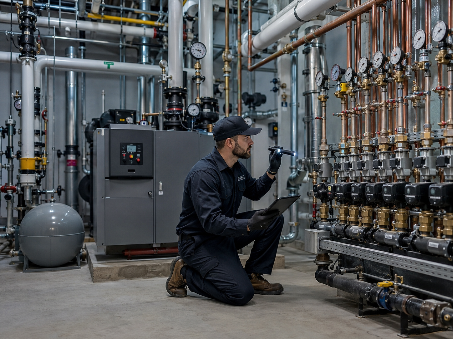 Drain Pros technician inspecting a commercial boiler and pipe manifold in a Denver mechanical room