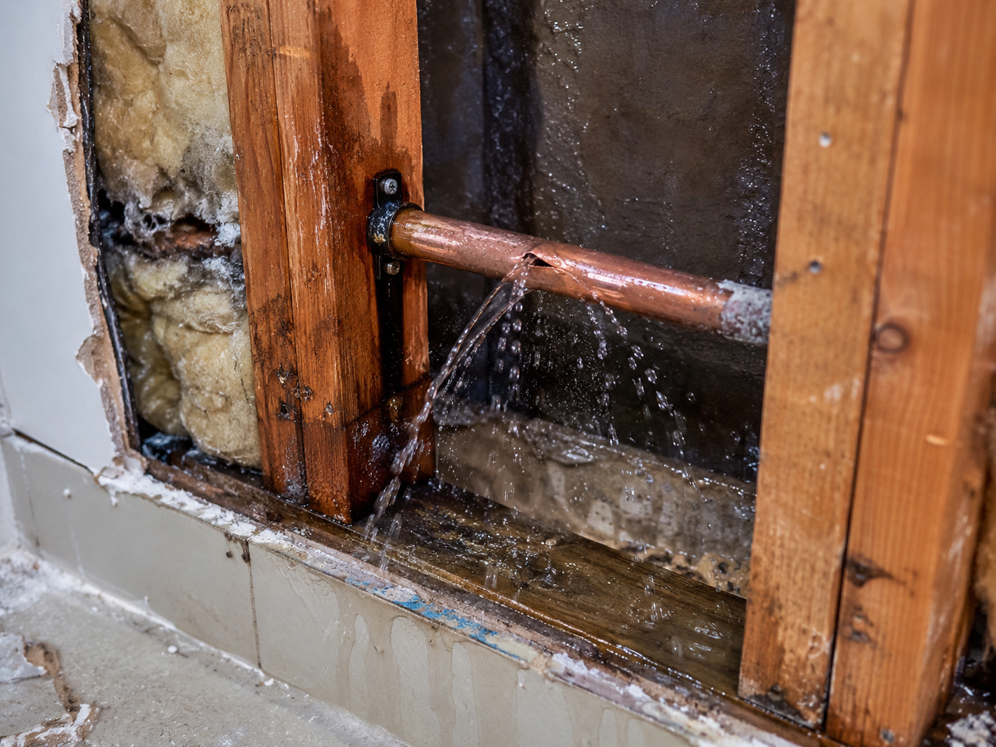 Close-up of a burst copper pipe leaking water inside a wall cavity, illustrating a common Denver winter plumbing emergency