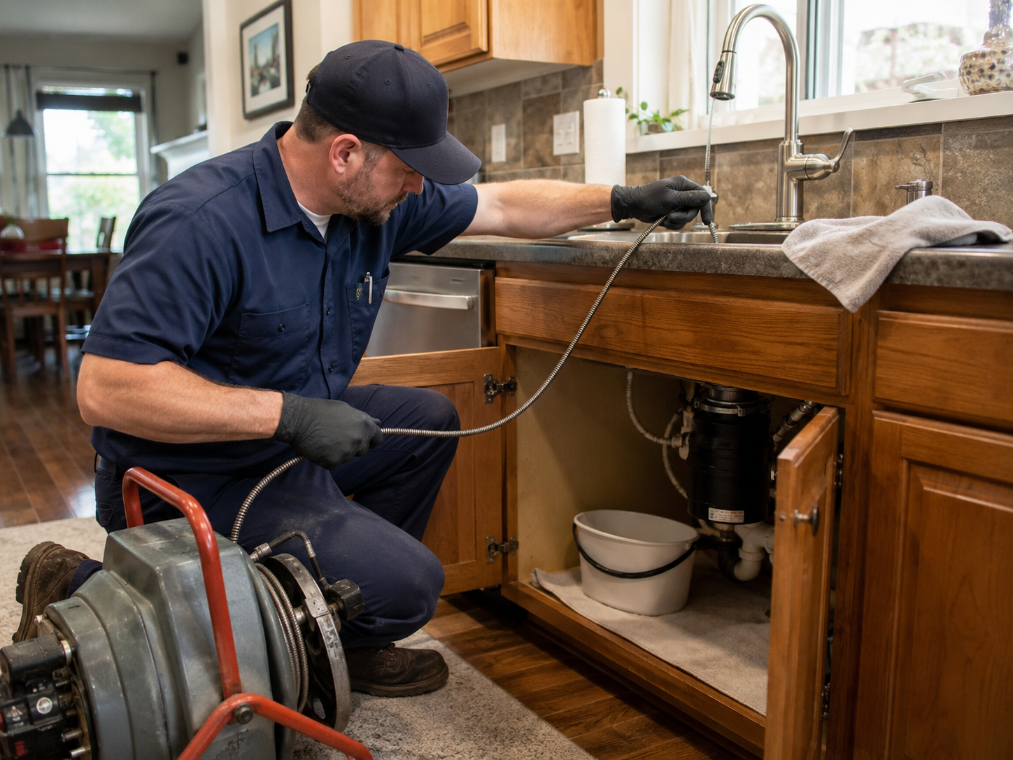 A Drain Pros plumber using a professional drain auger to clear a kitchen sink line in a Littleton home