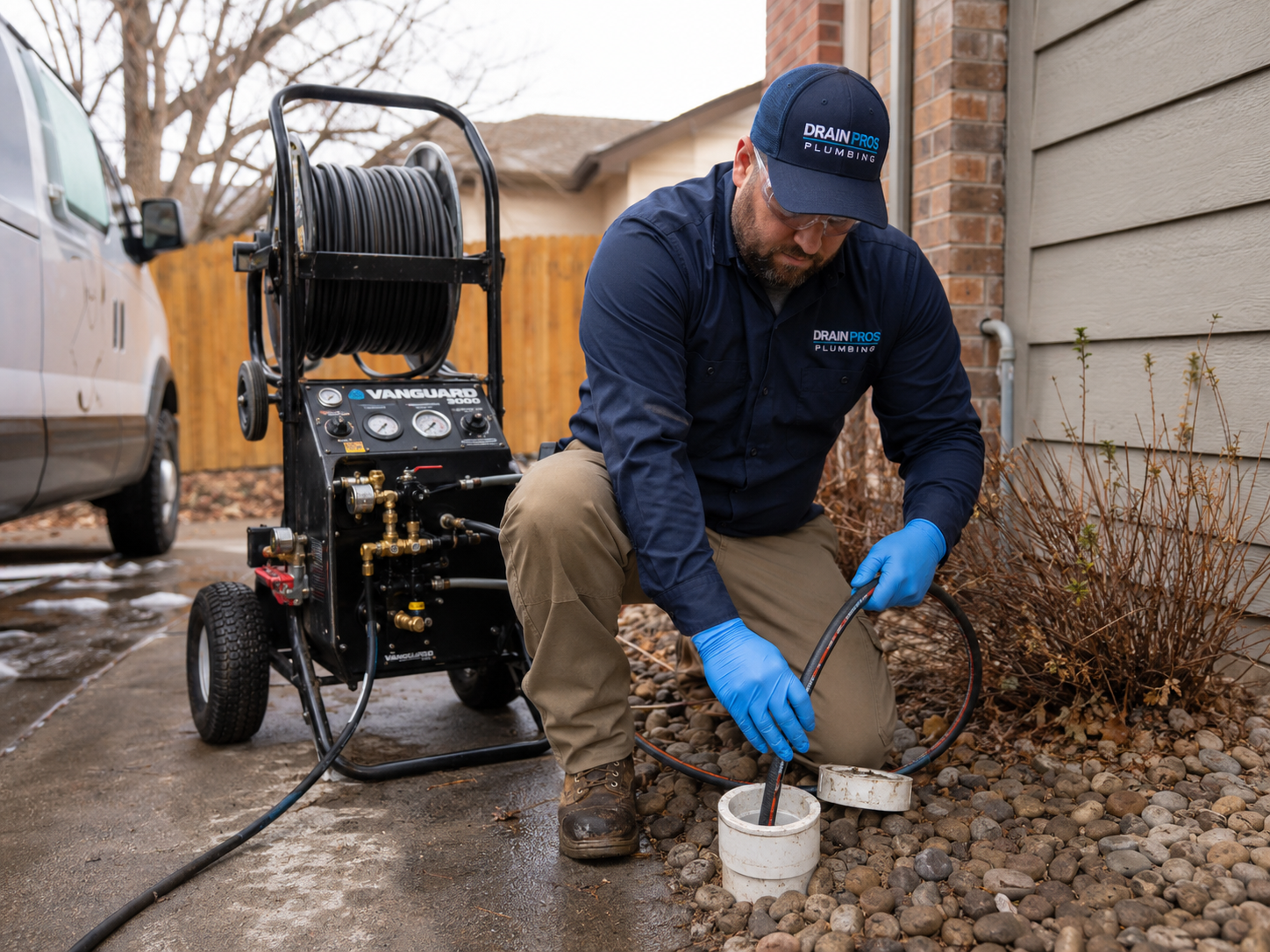 A Drain Pros Plumbing technician operating a hydro jetting machine outside a Denver home, high-pressure hose feeding into a cleanout