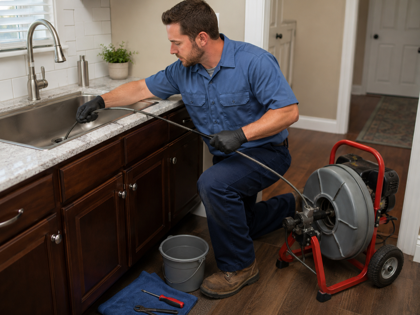image showing a plumber using a professional drain snake to clear a clogged residential sink line