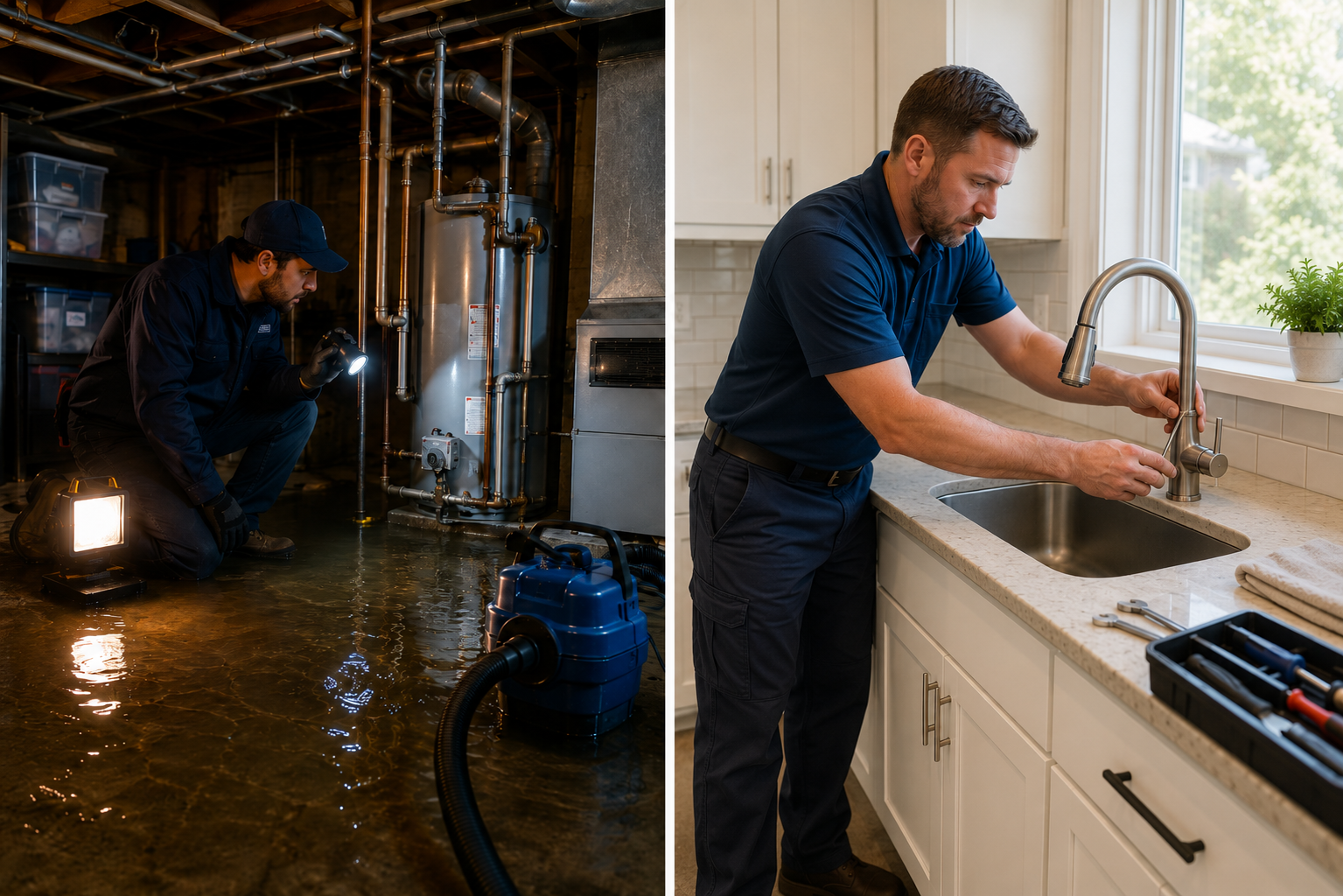 Split-screen image showing a plumber responding to a flooded basement at night on one side and a plumber calmly installing a fixture during a daytime appointment on the other.