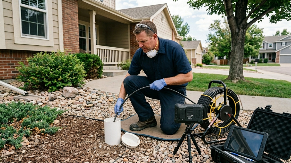 A licensed plumber feeding a sewer camera into a residential cleanout in a Littleton, CO front yard, inspecting the line before quoting a repair cost.