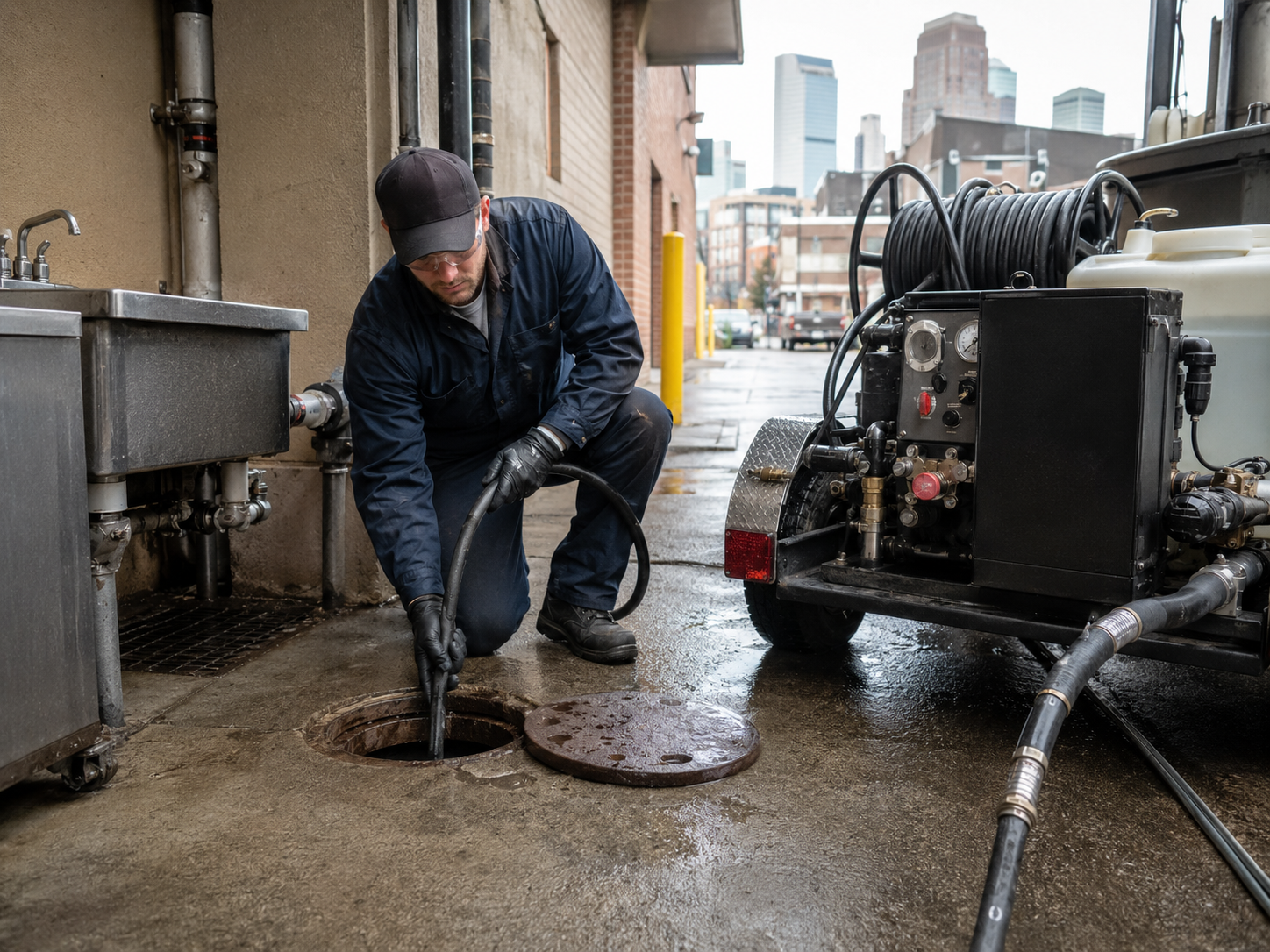 Hydrojetting machine clearing a clogged commercial sewer line at a Denver restaurant
