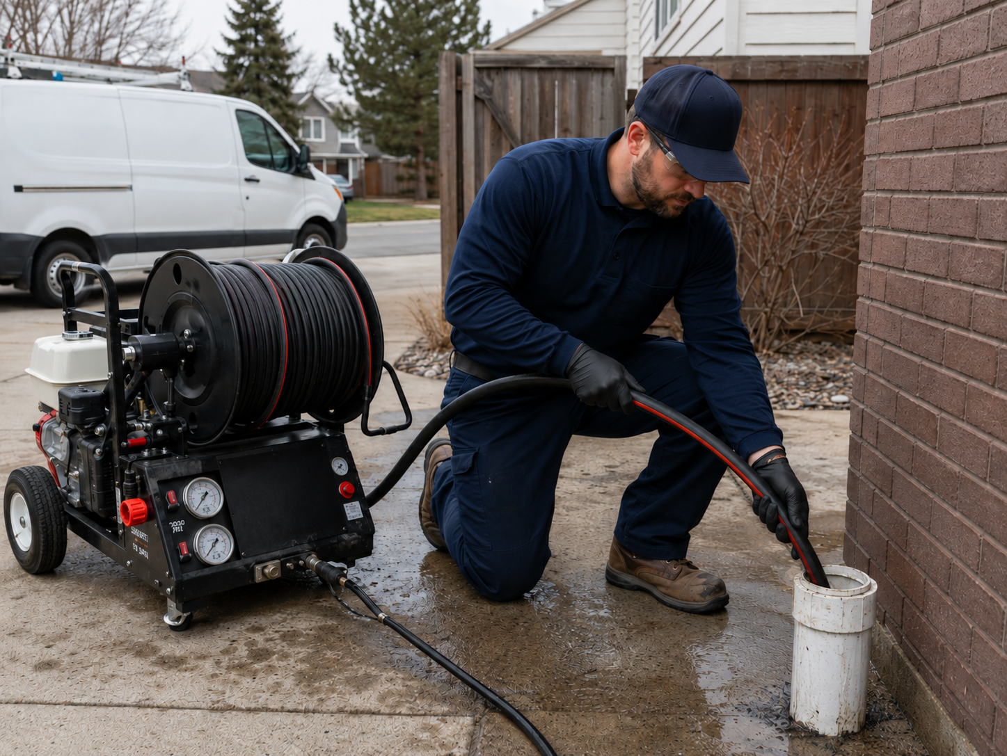 A Drain Pros Plumbing technician operating a high-pressure hydro jetting machine on a residential drain cleanout outside a Denver home