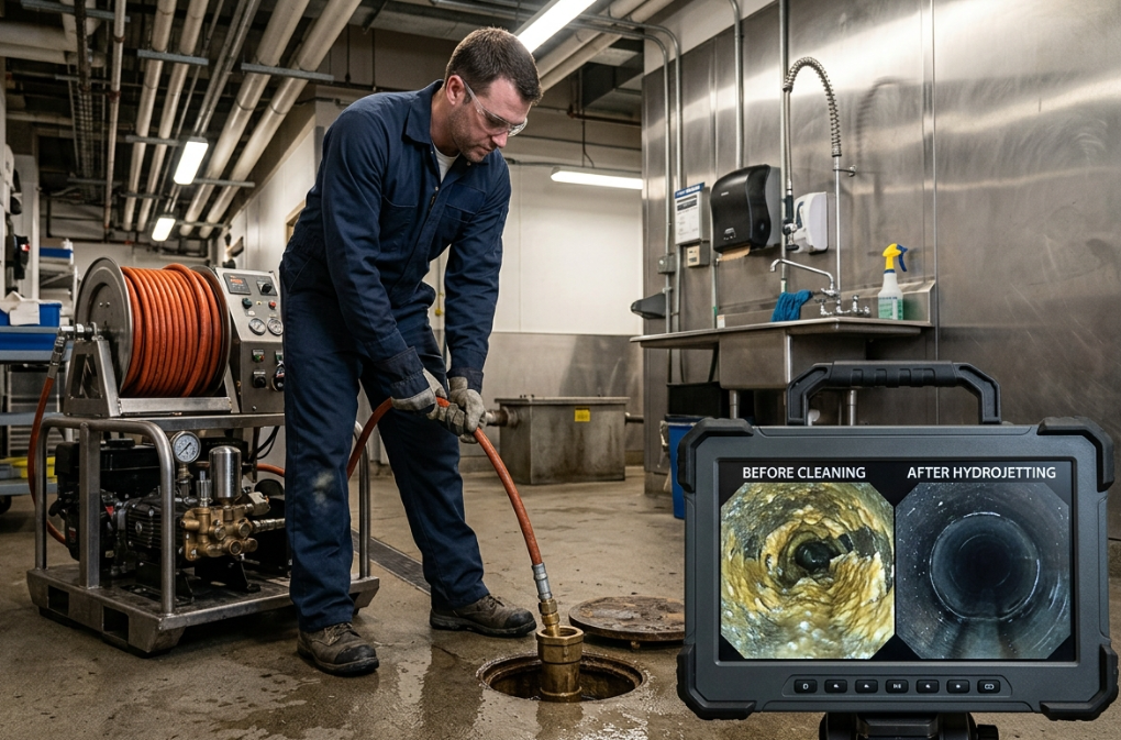 Hydrojetting equipment clearing buildup from a commercial sewer line, with before-and-after pipe interior visible