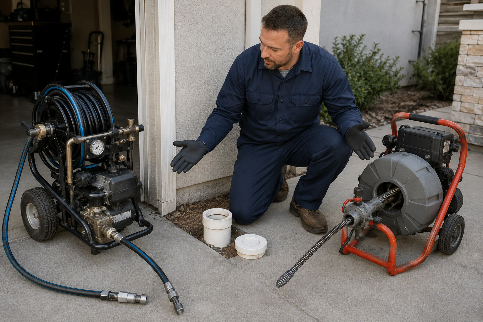 Hydro Jetting vs Drain Snaking: image showing a plumber comparing hydro jetting equipment and a drain snake machine beside a residential drain cleanout