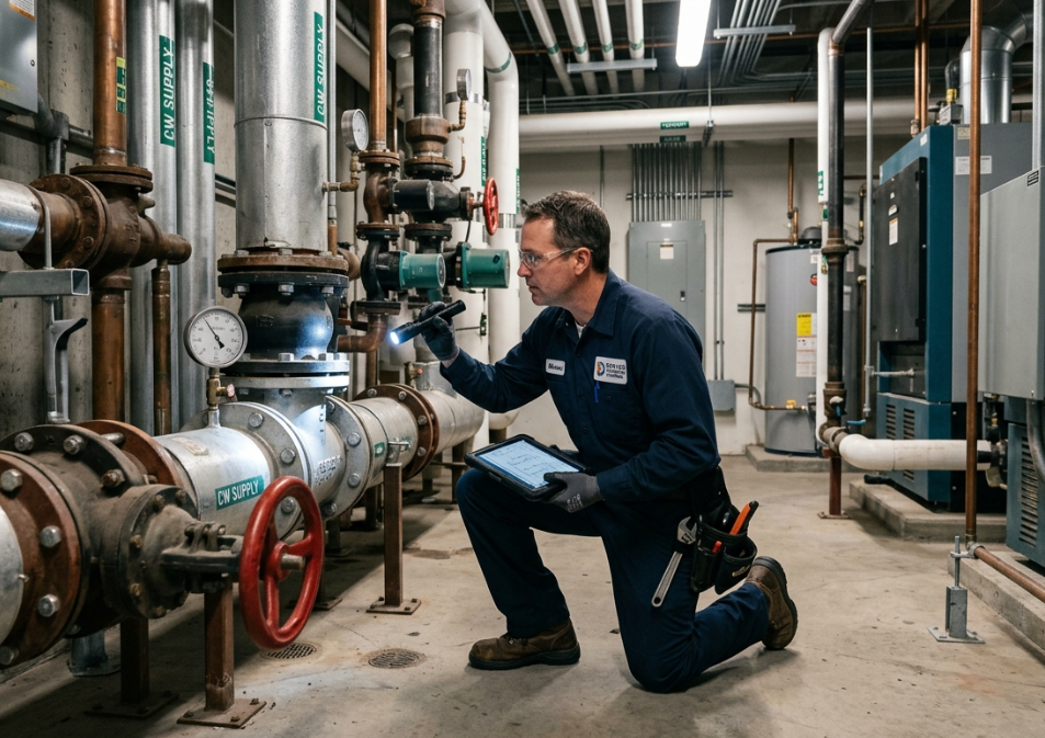 Commercial plumber in uniform inspecting a large-diameter pipe system in a Denver business mechanical room