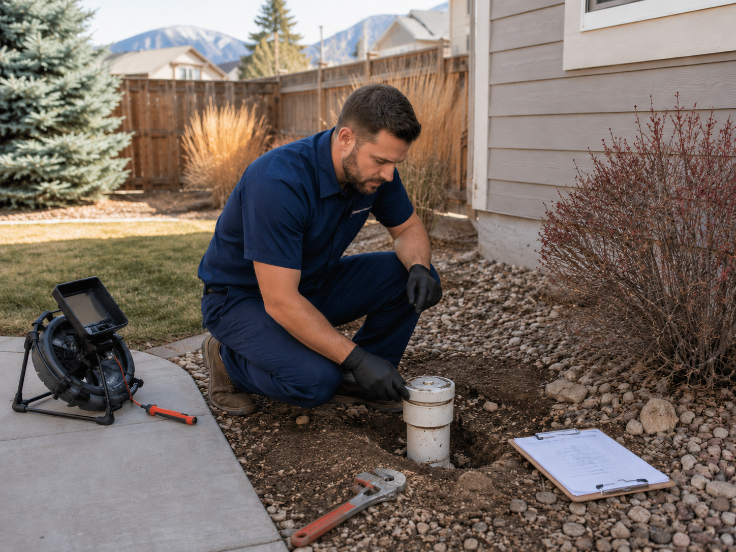 Licensed plumber inspecting an exposed residential sewer line cleanout in a Littleton, CO backyard