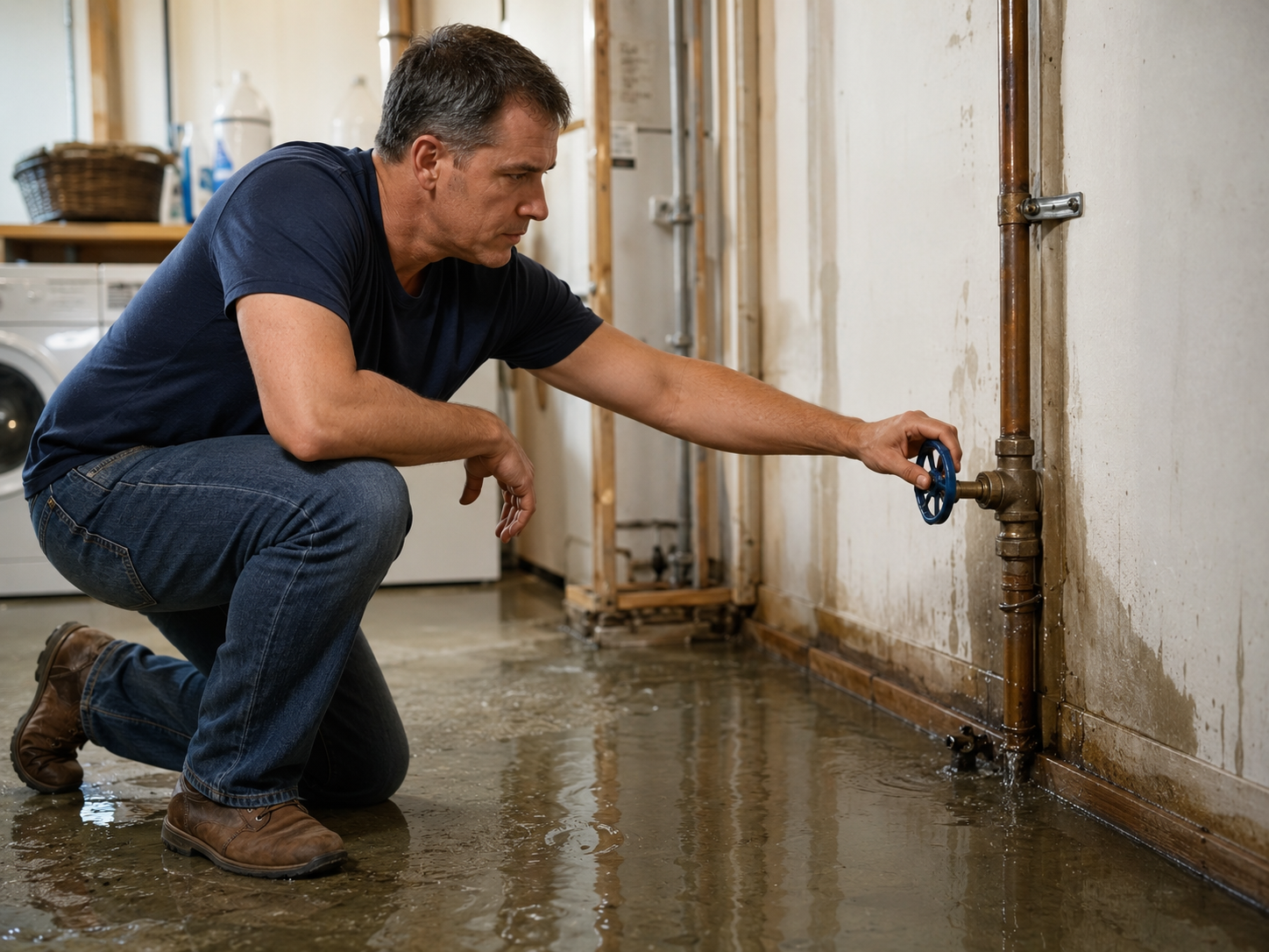 A homeowner shutting off the main water valve while water pools on the floor, illustrating the first step before an emergency plumber arrives.
