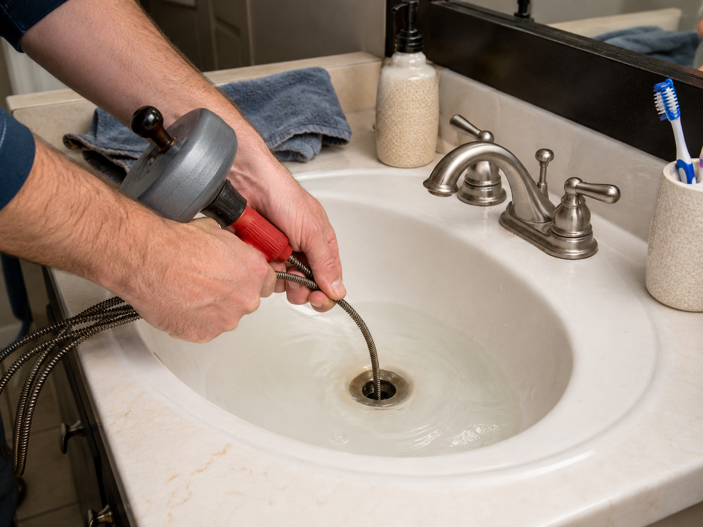 Close-up of a homeowner's hands feeding a manual drain snake into a bathroom sink drain