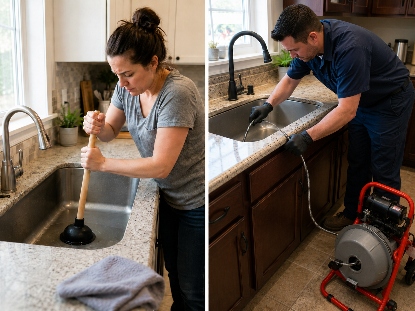 Side-by-side split image showing a homeowner using a sink plunger on one side and a professional plumber operating a powered drain machine on the other