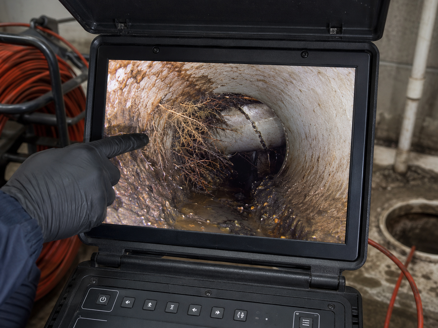 Close-up of a sewer camera screen showing tree root intrusion and a cracked pipe joint during a video inspection