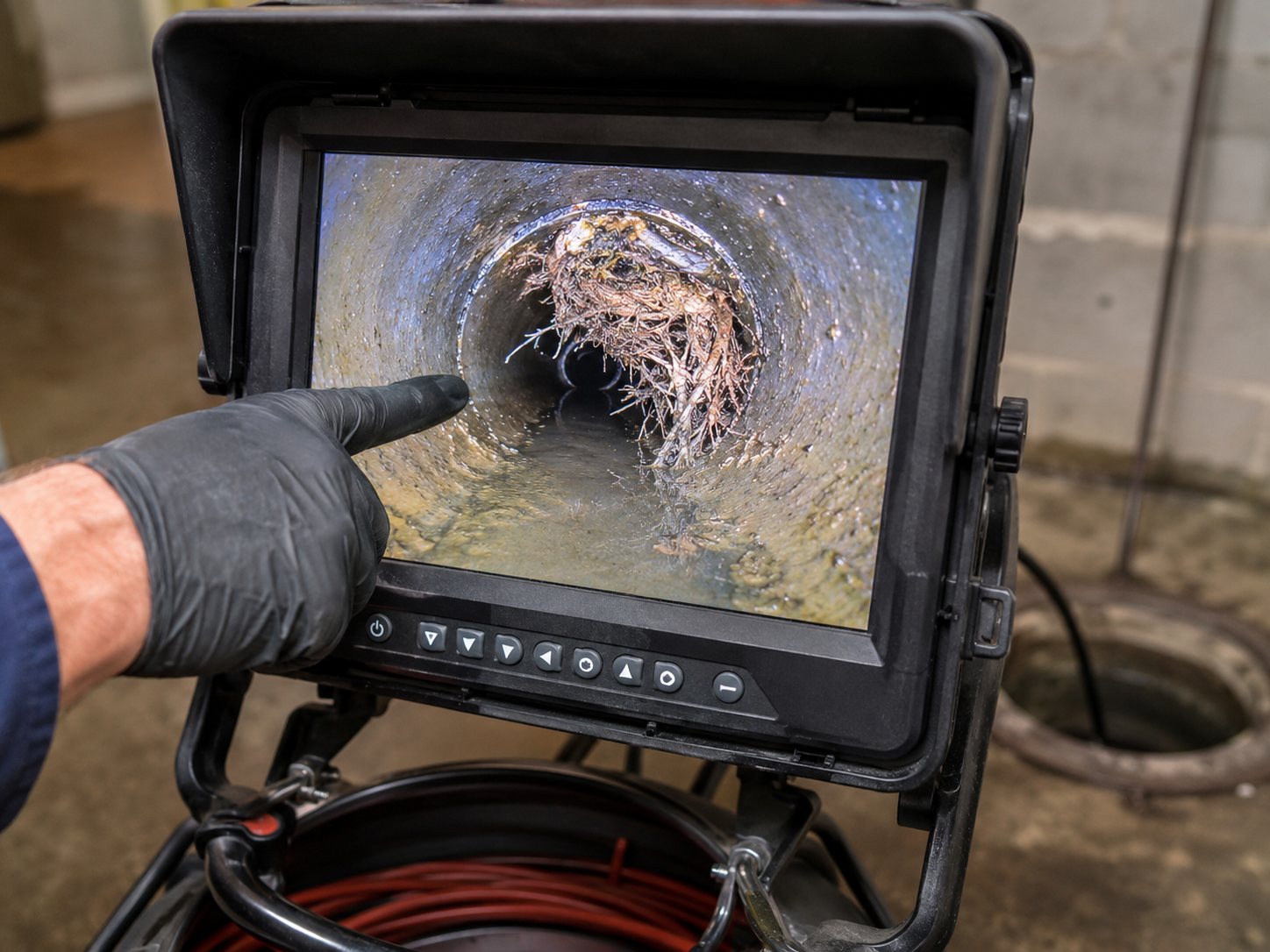 Close-up of a sewer camera inspection screen showing the inside of a clogged drain pipe with root intrusion