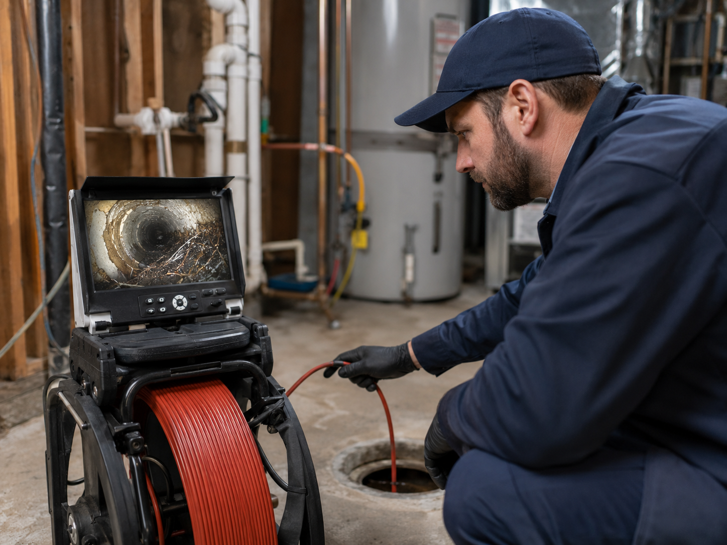 Close-up of a plumber using a sewer camera inspection tool to diagnose a clogged main line in a Denver basement