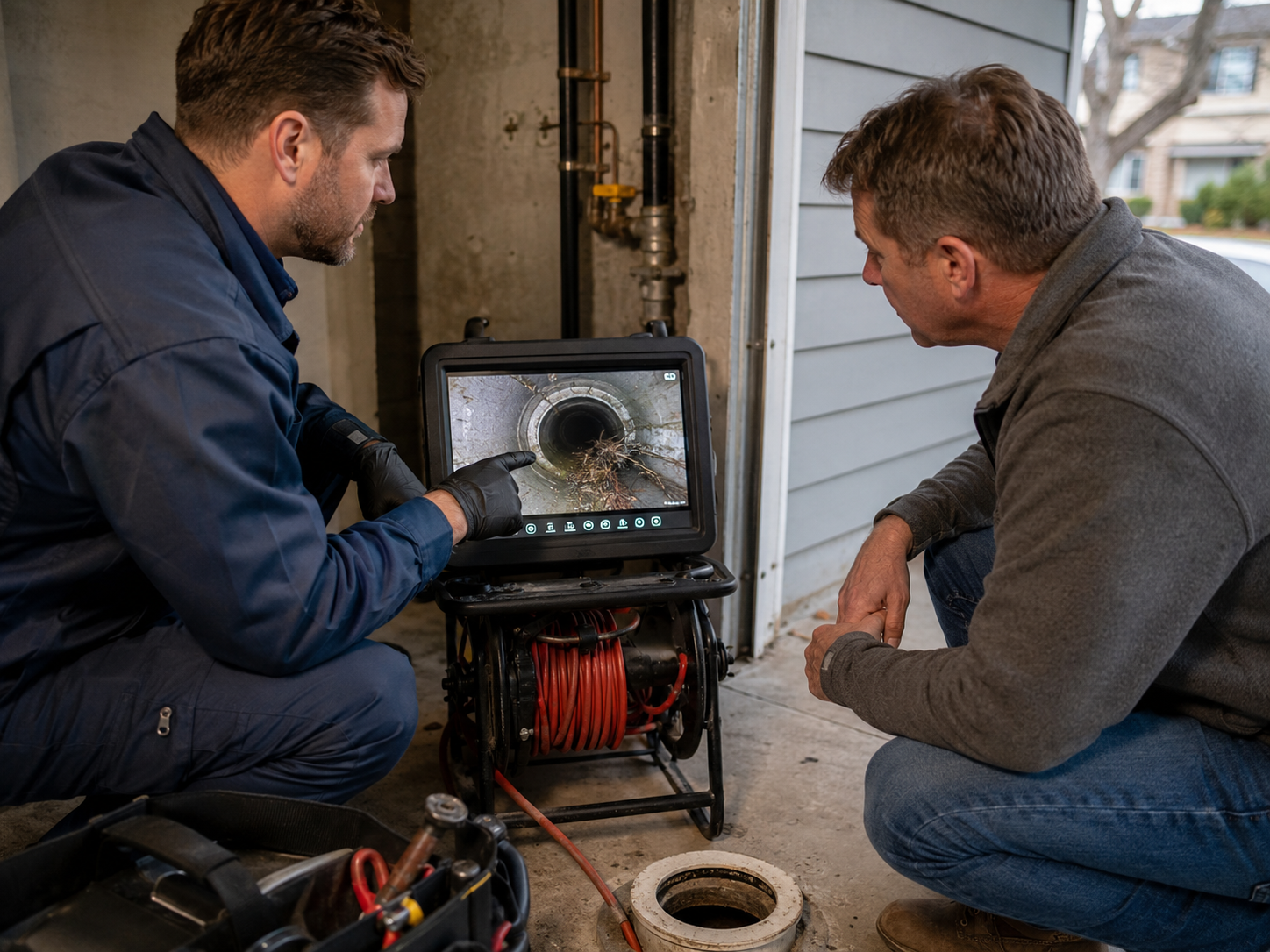 image showing a plumber reviewing sewer camera footage with a Denver homeowner