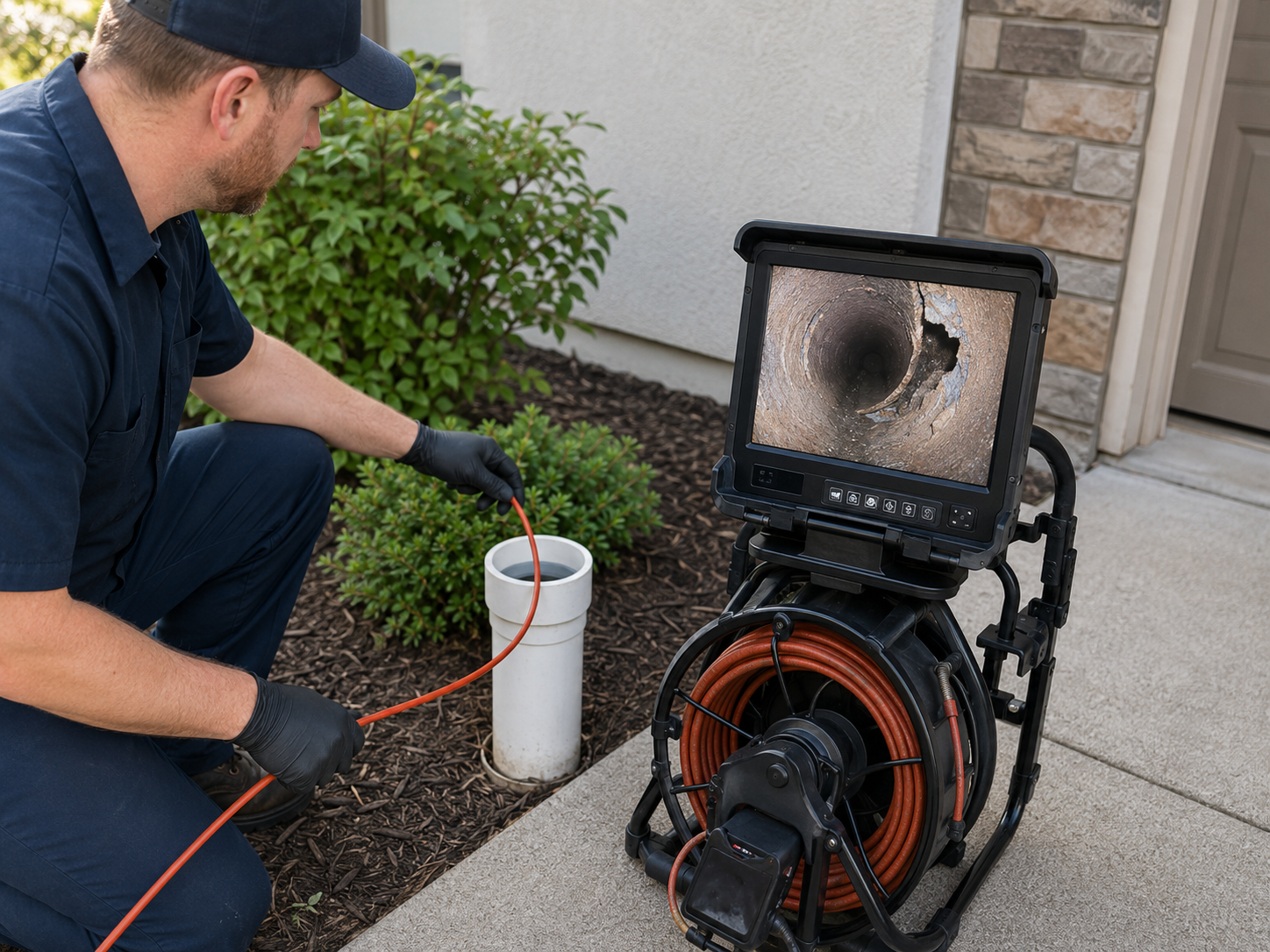 Sewer Line Repair vs Sewer Line Replacement: image showing a sewer camera inspection identifying a damaged section of underground sewer pipe