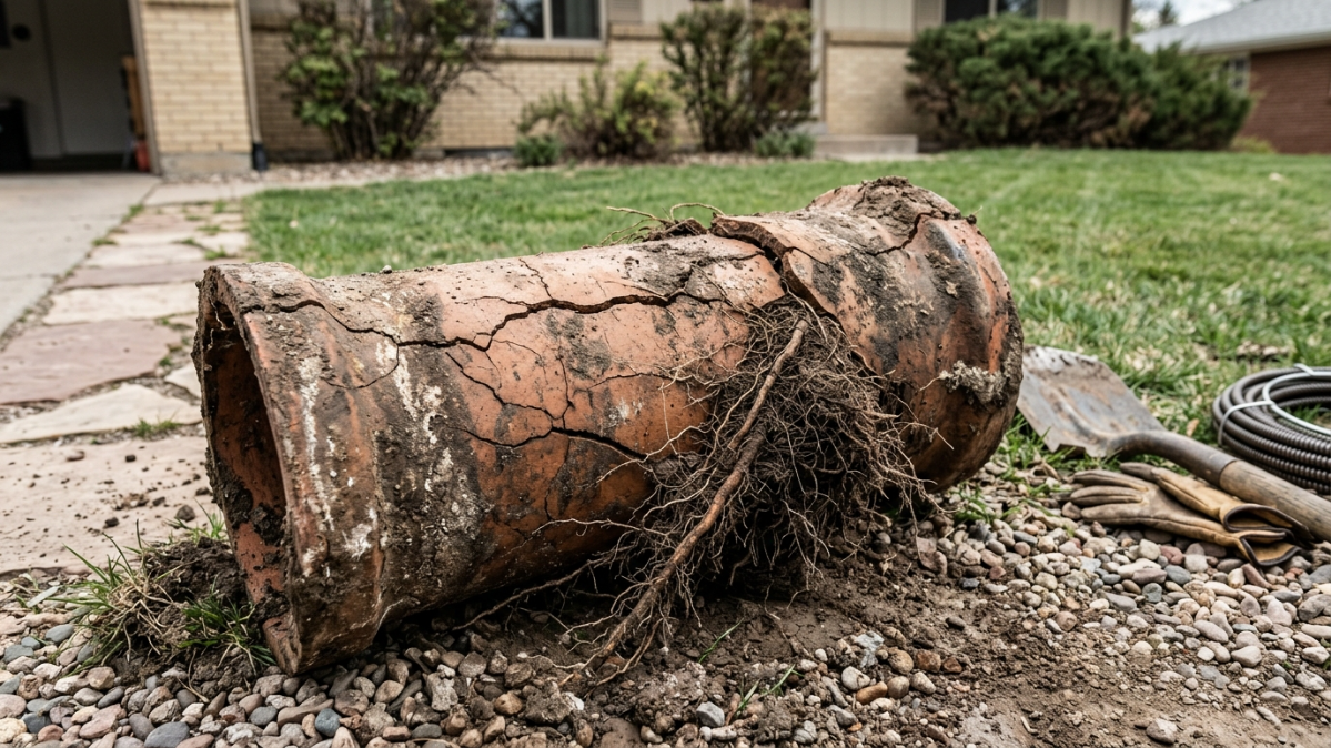 A cracked, root-intruded clay sewer pipe section removed from an older Littleton home, showing typical age-related damage