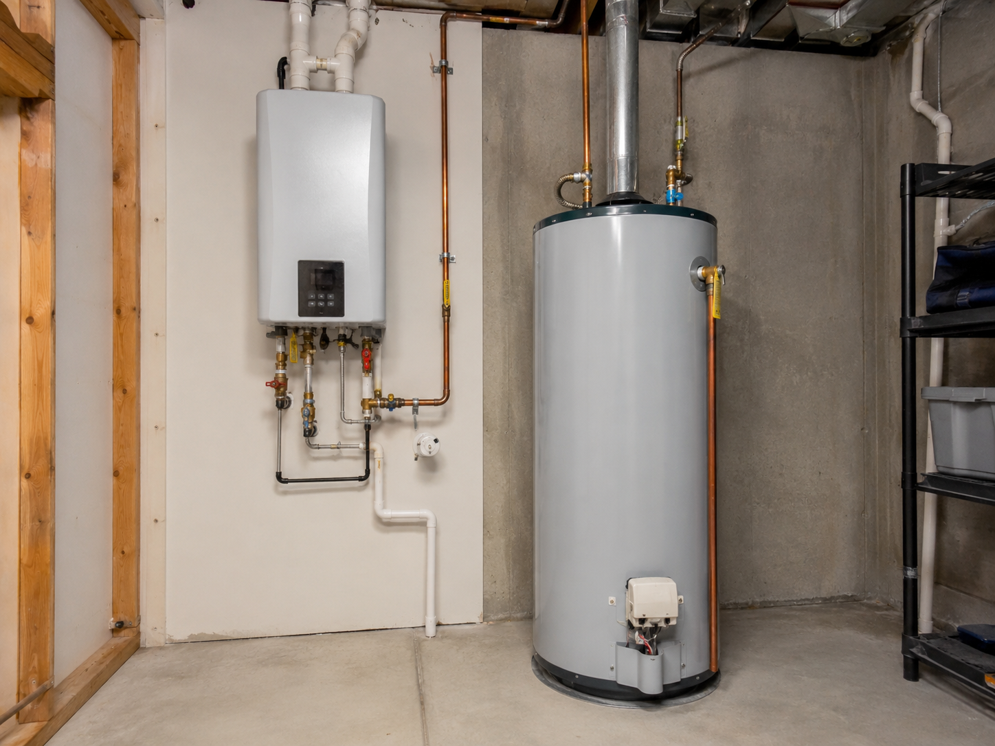 image showing a tankless water heater mounted on a wall beside a traditional tank water heater in a Denver utility room